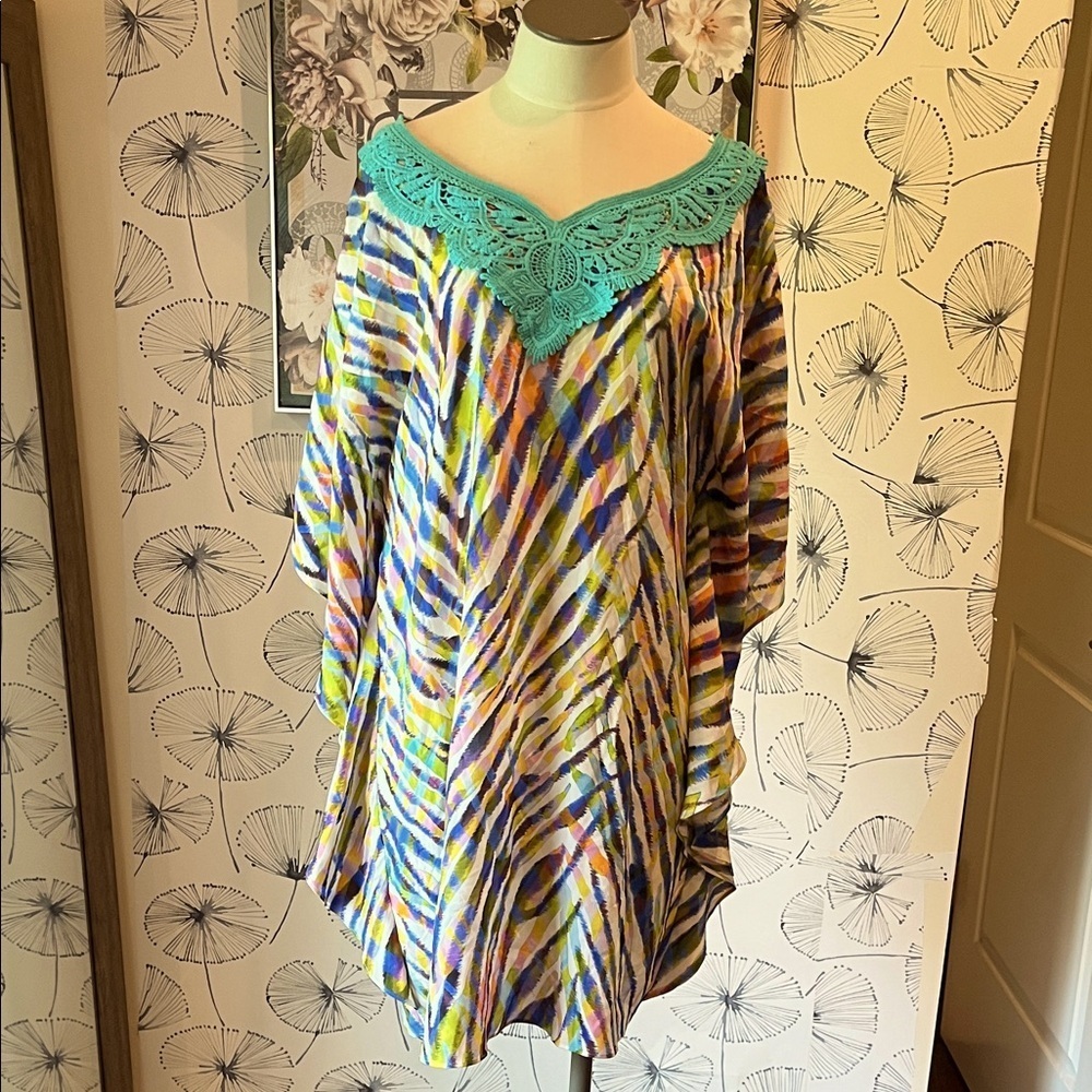 Trina Turk 6 Colorful Striped Dress with Teal Lace